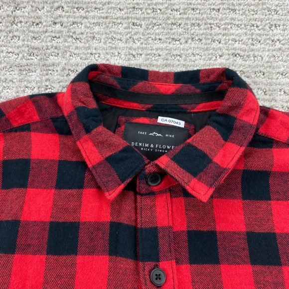Denim & Flower Shirt Men Medium M Red Black Lumberjack Checkered Button Down - Picture 4 of 10